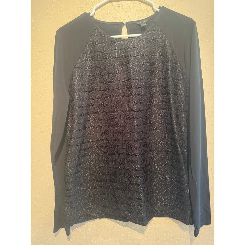 Ann Taylor Womens Black Lace Front Shimmer Long Sleeve Blouse Size L - Picture 2 of 6